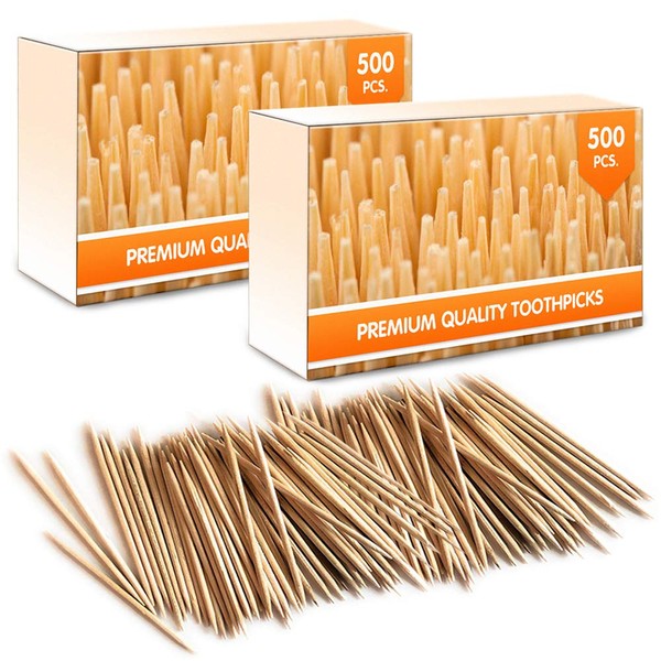 Premium Bamboo Wooden Cocktail Toothpicks - 1000 Pieces (2 Boxes of 500 Pieces) - Personal Hygiene, Disposable Appetizer Skewers, Cocktail Sticks or Arts & Crafts by Mobi Lock