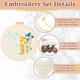 RAINFLOW Embroidery Kits for Adults - 3 Sets Learn to Embroider Kit Adult Beginner,Cross Stitch Kits,Adult Craft Kits,Starter Kits for Hand Craft Lover with Embroidery Hoop, Instructions and Threads