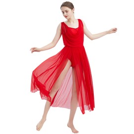 ODASDO Women Lyrical Modern Contemporary Dance Costume Ballet Leotard Drop V-Neck Backless Split Mesh Tulle Skirt Flowy Overlay Long Dress Ballroom Pageant Clothes Red L