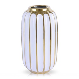 White and Gold Ceramic Vase, Neutral Minimalist Vase for Dining Room Table Centerpiece Dining Room,Single Flower Vase Pampas Grass Decorative, Porcelain Bottle Rustic Style (White and Gold)