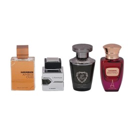Al Haramain Fragrance Gift Set for Men & Women – 4×10ml each, (Amber Oud Gold Edition + L'aventure + Azlan Oud Charcoal Edition + Destino)