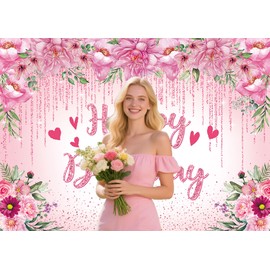 Happy Birthday Backdrop for Women Pink Flower Birthday Background Decorations for Photography Girls Floral Glitters Party Banner Wedding Baby Shower Photo Booth Props (7X5FT)