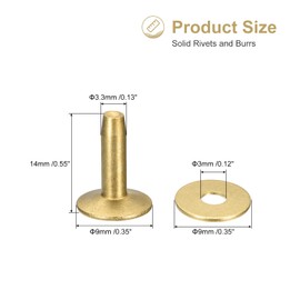 sourcing map 10 Set Brass Rivets and Burrs, 9x3.3x14mm Solid Leather Brass Rivet Fastener for Leather DIY Craft Supplies, Gold Tone