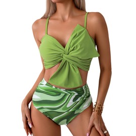 Yanhalo Women's Two Piece Bikini Set Swimsuits Criss Cross Bowknot Top Bikini High Waisted Bottom Tummy Control Bathing Suits Swimwear Light Green