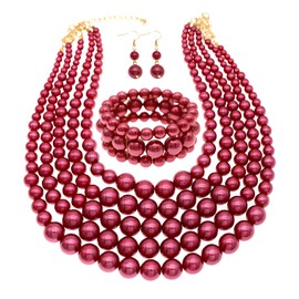 JNF Large Faux Pearl Necklaces for Women Multi strand Pearl Necklace Bracelet and Earrings Set Costume Pearls Necklace Jewelry Ladies