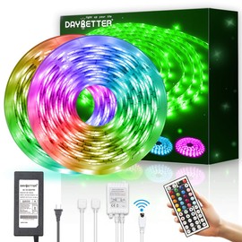DAYBETTER Waterproof Led Strip Lights 32.8ft Flexible Color Change RGB with 44 Keys Remote Controller and 12volts Power Supply for Bedroom, Kitchen, Home Decoration