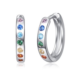 KINGWHYTE Chakra Hoop Earrings 925 Sterling Silver Small Huggie Earrings Chakra Healing Yoga Gift for Women, Sterling Silver