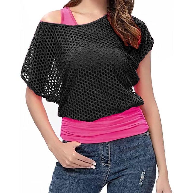 EUBSWA Women's 80s Neon Party Costume Outfit: Black Mesh Shirt,