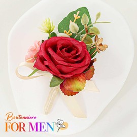 Latious Bride Wedding Flower Boutonniere Red Rose Groom Buttonholes Prom Suit Decoration for Men and Groomsmans (Red)