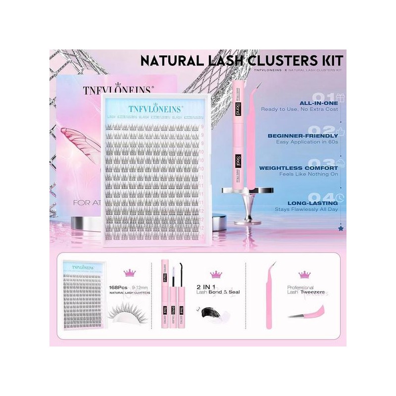 TNFVLONINS 내추럴 래쉬 익스텐션 키트 168Pcs 클러스터 위스피 속눈썹 9-12MM