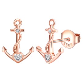 MicLee Stud Earrings 925 Sterling Silver Cubic Zirconia Women's Simple Anchor Heart Earrings with Gift Bag Super Christmas Gift, Silver