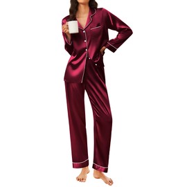 Ekouaer Silk Satin Pajama Set for Womens Button Up Long Sleeve Pjs Sleepwear Soft 2 Piece loungewear Wine Medium