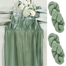 Frepea Set of 2 Table Runners with Pleats 90 x 300 cm Table Runner Sage Green Cheese Cloth Table Decoration for Wedding/Birthday