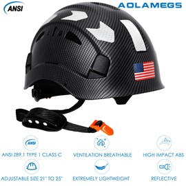 Vented Hard Hats Construction OSHA Approved - Black Carbon Fiber Custom Hard Hats for Men,ANSI Z89.1 Class C Safety Helmet with Chinstrap Ratchet,6 Point Suspension Low Profile Hard Hat Aolamegs