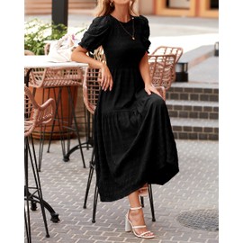 dowerme Womens Summer Dresses 2025 Casual Puff Short Sleeve Crewneck Smocked Flowy Ruffle Boho Beach Party Maxi Sundress(Black,Medium)