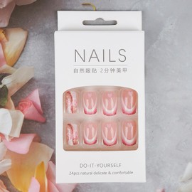 French Tips Valentine's Day Press on Nails Medium, Sequin Square Fake Nails with Heart and Butterfly Designs Full Cover Glossy Glue on Nails Acrylic False Nails Stick on Nails for Women 24Pcs/Set