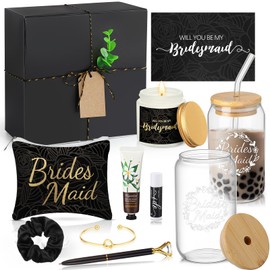 Meanplan 14 Pcs Bridesmaid Proposal Gifts, Will You Be My Bridesmaids Gifts with Proposal Box Glass Cup Makeup Bag Card Lip Balm Hand Cream Candle Scrunchies Bracelets Diamond Pen(Black)