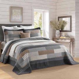 Finlonte 128"x120" Oversized King Bedspread - 100% Cotton Lightweight California King Quilted Bedspreads Coverlet Set, Farmhouse Stripe Reversible Oversized Cal King Quilt, Gray/Brown/Beige, 3 Pieces