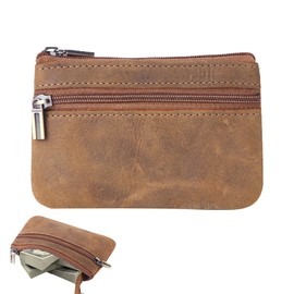 1PCS Coin Purse Men Cash Change Wallet Leather Mens Tray Purses Coin Pouch Coin Holder Small Money Bag with Zip Key Wallet Pouch for Men Dad Father Women (Retro Brown)