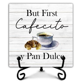Wooden Coffee Bar Sign Decor - But First Cafecito Y Pan Dulce, Coffee Lover Gifts for Friends Coworker, Table Centerpieces Desk Decorations for Funny Office Home Kitchen Living Room - A26