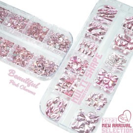 2250Pcs Pink Rhinestones Nail Crystals 120 Multi Shapes Flatback Light Pink Gems +2130 Round Beads K9 Glass Stones Diamonds Jewels Nail Art Supplies Nail Charms for Nails Faces Eyes Makeup Crafts DIY