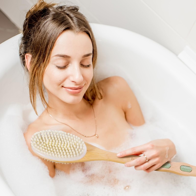 Bearona Body Brush with Exfoliating Mitt Set,Dual-Sided Long Handle with