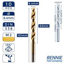 Box of 10 x 6.4mm HSS M2 Fully Ground Jobber Drill Bit Tin Titanium Nitride Coated DIN338 Standard (6.4mm x 101mm (1/4"))