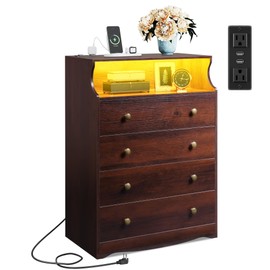 WLIVE Brown Dresser for Bedroom, Tall Wood Dresser with 4 Drawers and Open Shelf, LED Chest of Drawers with Charging Station and LED Lights for Living Room, Hallway, Closet, Rustic Brown