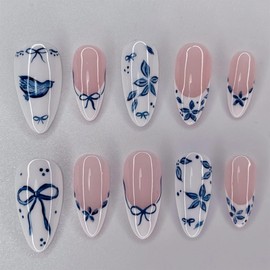BABALAL Press on Nails Almond Medium Fake Nails White French Press on Nails Blue Bow Design Acrylic Nails 24Pcs Glossy Manicure Stick on False Nails Stiletto Spring Coquette Gel Nails