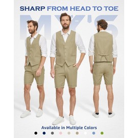 MY'S Men's 2 Piece Linen Vest Pants, Regular Fit Waistcoat Shorts, Casual Beach Summer Wedding Prom Homecoming Outfit Deep Khaki