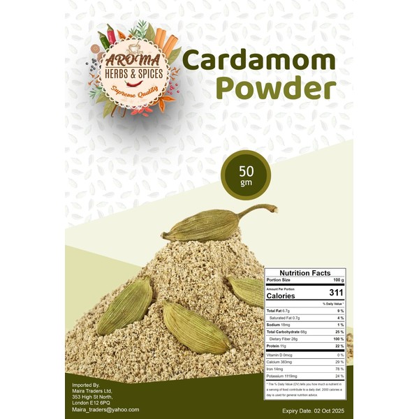 Cardamom Powder | Ground Cardamom | 50g | Elaichi Powder |100% Natural | Premium Quality | All Natural | Vegan | Non-GMO (50 Gram)