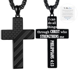 Flongo Bible Verse Cross Necklace: Mens American Flag Stainless Steel Pendant Black Chain 56cm - Christian Jesus Crucifix Necklace Spiritual Gift for Husband Boyfriend Companion Friend(b)