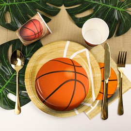 Duocute Basketball Party Tableware 102 Pieces Birthday Party Plates Sports Theme Children's Birthday Tableware Set Includes Plates, Cups, Napkins, Tablecloth and Banner, for 25 Guests