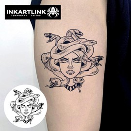 INKARTLINK Tattoo Tech, 2 Sheets Medium Semi Permanent Tattoo, Adult Art Design Temporary Tattoos, Lasts 1-2 Weeks, Waterproof, Realistic Look, No Adhesive, No Reflection (Small Medusa Design)