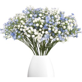 N&T NIETING Babys Breath Artificial Flowers Bulk, 10Pcs Fake Gypsophila Bouquet Flowers Real Touch Faux Babies Breath Arrangement for Wedding Floral Party Home Centerpieces Vase Decoration, Blue White