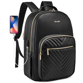 LOVEVOOK Laptop Backpack for Women, Faux PU Leather Quilted Backpack Purse, Business Computer Travel Work Bags, Nurse Backpack for Work, Fits 17-Inch Laptop, Black