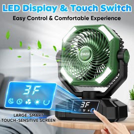 Rechargeable Fan Portable, 20000mAh Oscillating Camping Fan Rechargeable - Touch Screen, 5 Speeds, 8 Timing, 3 Colors LED Lantern, USB Battery Powered for Indoor Outdoor Use, Beach, Tent, Travel