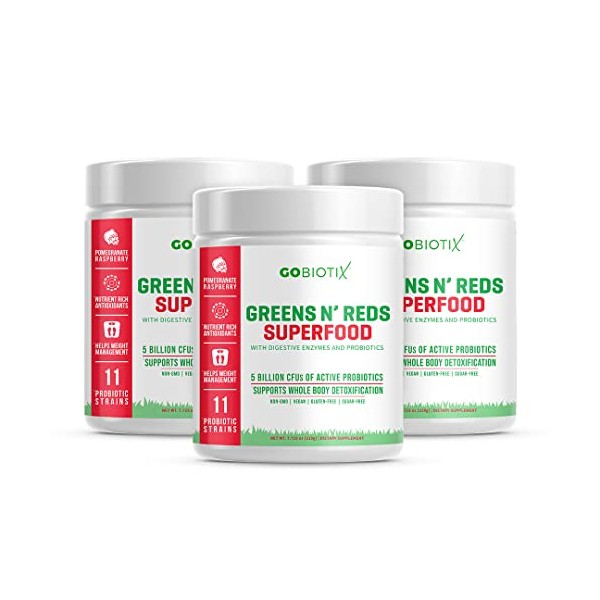 GoBiotix Super Greens Powder N' Super Reds Powder - Non-GMO Vegan Red and Green Superfood + Probiotics, Enzymes, Organic Whole Foods - Fruit and Veggie Supplement (Pomegranate Raspberry, 3 Pack)