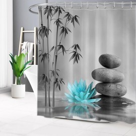 LB Zen Spa Shower Curtain Grey Bamboo Stone with Teal Water Lily in Water Bathroom Shower Curtain Teal and Gray Bathroom Curtain with Hooks 72Lx72W Inch Polyester Fabric Curtain