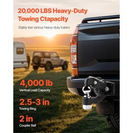 Happybuy Pintle Hook, Towing Capacity of 20000 lbs, 2-inch Hitch Ball for Trailer Hitches, Fit 2.5-3-inch Lunette Ring, Mounting Kit Included, Durable, Black Powder Coated