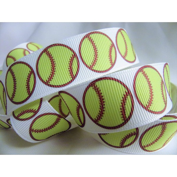 Grosgrain Ribbon Softball Print with Neon Green Softballs - 7/8"