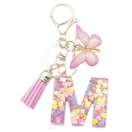 Xsclpomddy Girls Alphabet Letter Key Ring Cute Key Ring Glitter with Butterfly Tassels Resin Pink Keychain for Bag Charm, m