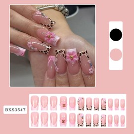 Press on Nails Long Square Pink French Tip Fake Nails Leopard Print on Nails with 3D Flower Texture Charm Designs Full Cover Fall Acrylic Handmade False Nails for Women Girls DIY Nail Art 24Pcs