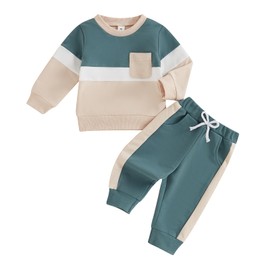 MAHUAOYIXI Toddler Baby Girls Boys Outfits Contrast Color Long Sleeve Sweatshirt Top with Elastic Waist Pants Sets 2Pcs Baby Clothes for Boys Girls Fall Winter Spring (Blue, 3-4 Years)