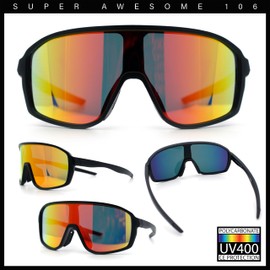Mens Oversized Shield Color Mirror Sport Wrap Plastic MTB Rectangle Sunglasses Black - Orange Mirror