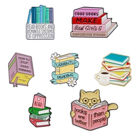 7Pcs Book Pins Cute Enamel Pins Bulk Pastel for Backpacks Jackets, Coffee Flowers Words Cat Metal Badges Cartoon Brooches Aesthetic Book Lover Gifts for Teachers Readers (Colorful Book pins)
