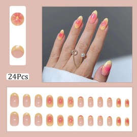 Flower Almond Shaped Press on Nails Summer Short Fake Nails with 3D Embossed Design Pink Yellow Gradient False Nails Glossy Full Cover Acrylic Nails Stick on Nails for Women Nail Decorations 24Pcs