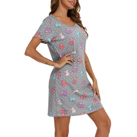 ENJOYNIGHT Womens Nightgown Cotton Sleep Shirt Femme Nightshirt Short Sleeves Pajamas Night Dress (X-Large, Gcat)