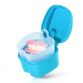 KISEER Light Blue Denture Bath Case Cup Box Holder Storage Soak Container with Strainer Basket for Travel Cleaning