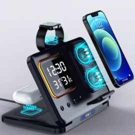 IHAO 5in1 Multi Functional Wireless Charging Station with Digital Clock 15W Fast Charge Night Light Temperature Display Wireless Charger for All Qi Phone and TWS Headphone Compliant with i-Watch